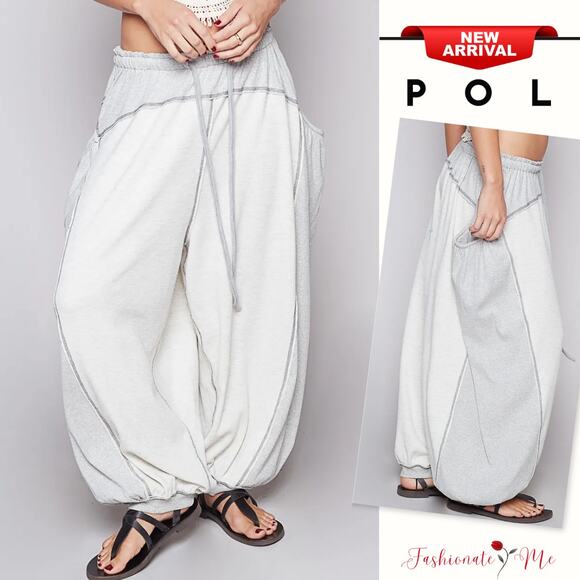 POL High Rise Drawstring Waist Side Pocket Contrast Stitching PantsLight Gray